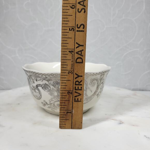 222 Fifth Adelaide Bowl 5.5" Silver Floral Bird White Porcelain Round Scalloped - Picture 13 of 14